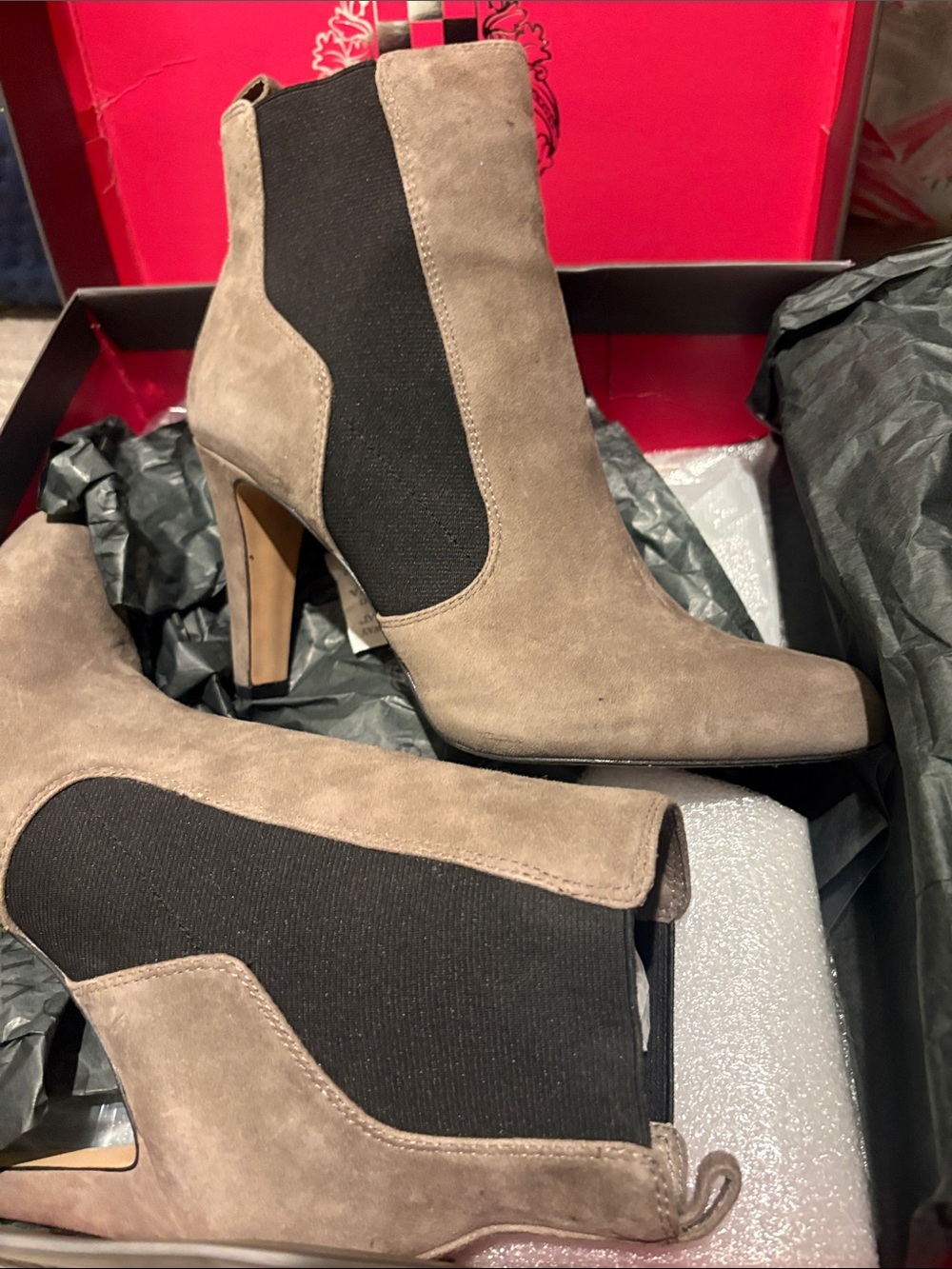 Vince Camuto Taupe Suede Chelsea Ankle Boots with Black Elastic